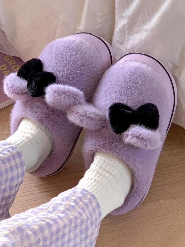 Women's Cute Bowknot Design Anti-slip Plush Bedroom Slippers, Casual Soft Comfortable Home Slippers, Warm Slippers for Indoor & Outdoor Use for Winter