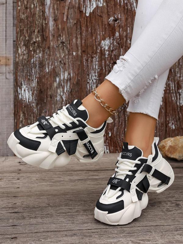 Women's Fashionable Patchwork Lace Up Low Top Sneakers, Casual Comfortable Wedge Sneakers for Daily Wear, Perfect for Students for Outdoor Sports