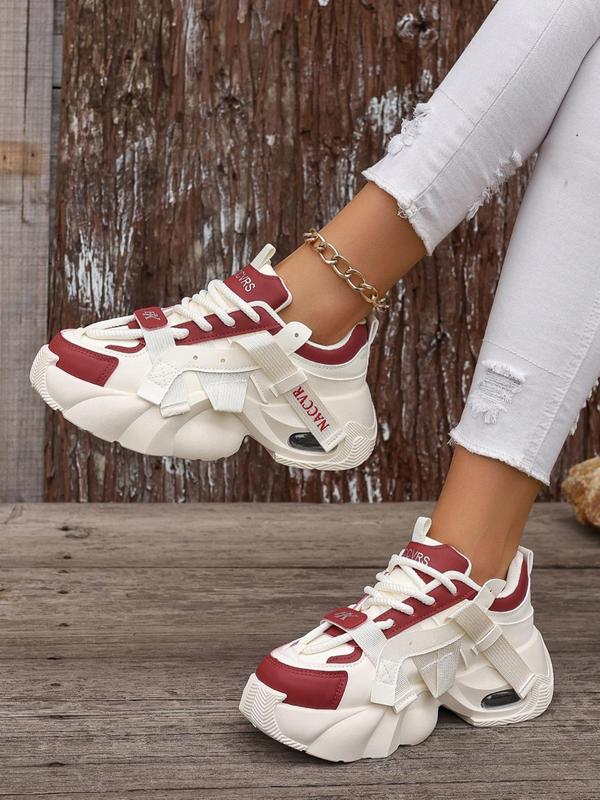 Women's Fashionable Patchwork Lace Up Low Top Sneakers, Casual Comfortable Wedge Sneakers for Daily Wear, Perfect for Students for Outdoor Sports