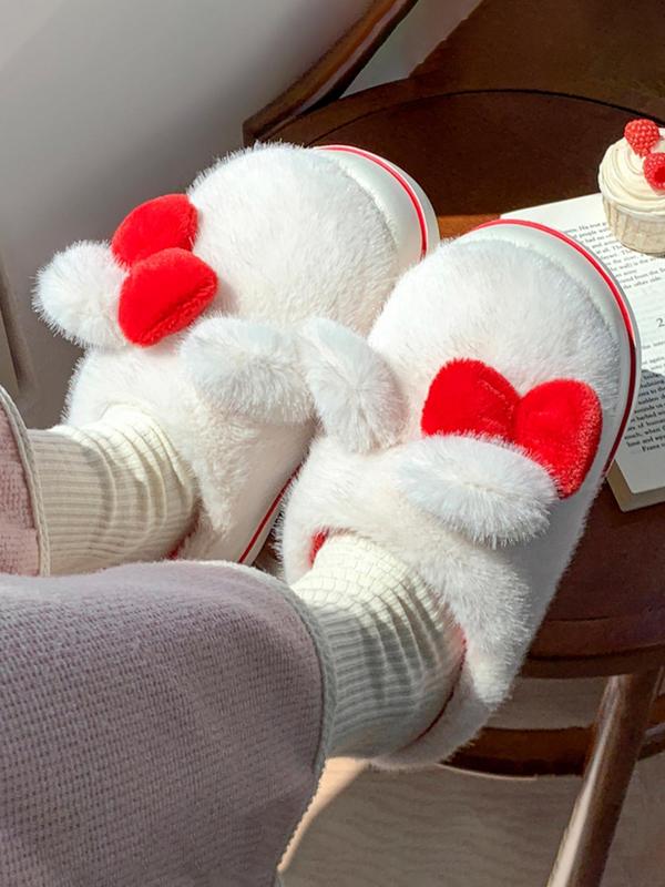 Women's Cute Bowknot Design Anti-slip Plush Bedroom Slippers, Casual Soft Comfortable Home Slippers, Warm Slippers for Indoor & Outdoor Use for Winter