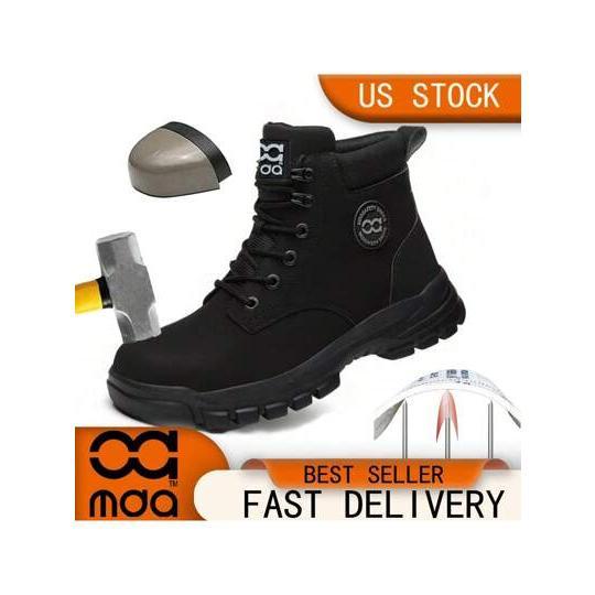 Men's Work Safety Shoes, Outdoor Leather Waterproof Safety Boots, Steel Toe Cap, High Top, Lightweight, Anti-Puncture, Anti-Spark, Waterproof Industrial Construction Protective Shoes