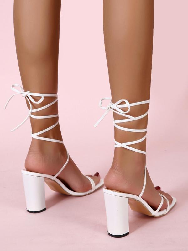 Women's Fashionable Strappy Detail High Heel Sandals, Casual Versatile Square Toe Lace-up Heeled Sandals for Summer, Lightweight Breathable Comfortable Shoes for Daily Wear