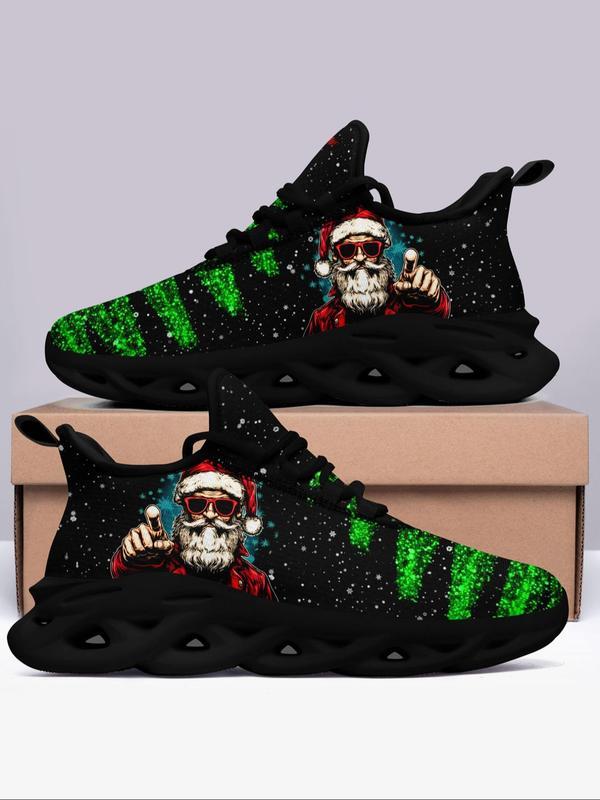 Men's Christmas Reindeer Santa Print Lace Up Low Top Sneakers, Casual Comfortable Breathable Sports Running Shoes, Male All-match Round Toe Shoes for Daily Wear