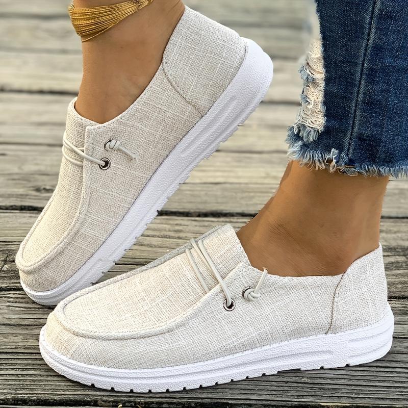 Women's Casual Slip-on Canvas Loafers, Lightweight Loafers With Lace Details, Comfortable Flats For Everyday Wear