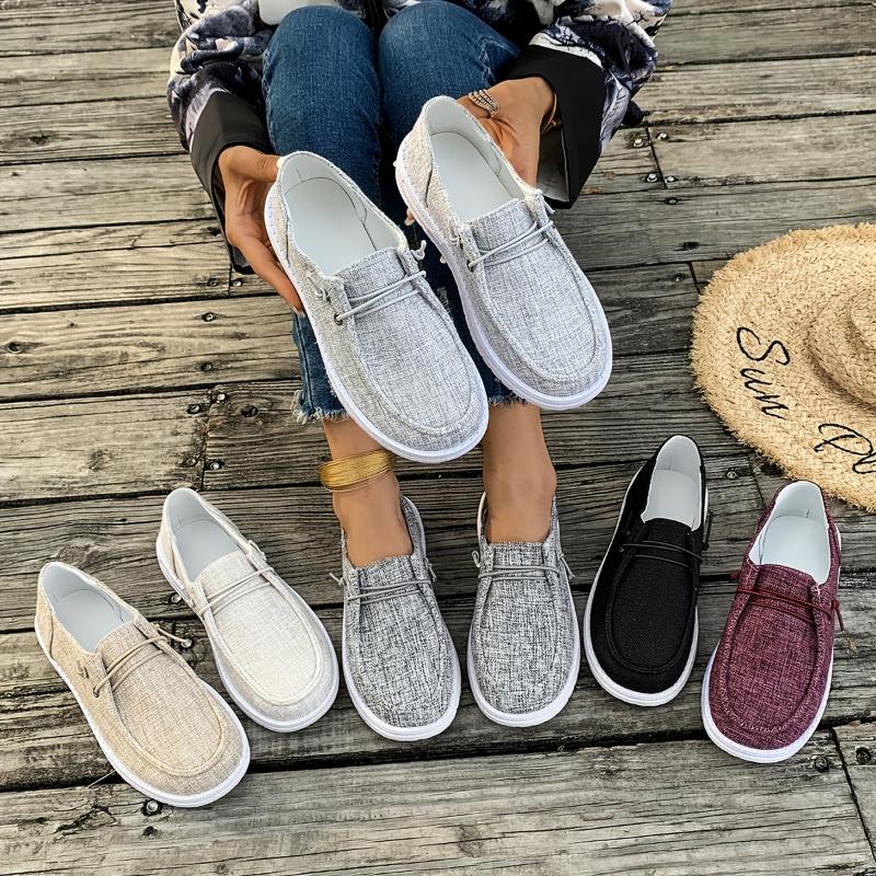 Women's Casual Slip-on Canvas Loafers, Lightweight Loafers With Lace Details, Comfortable Flats For Everyday Wear