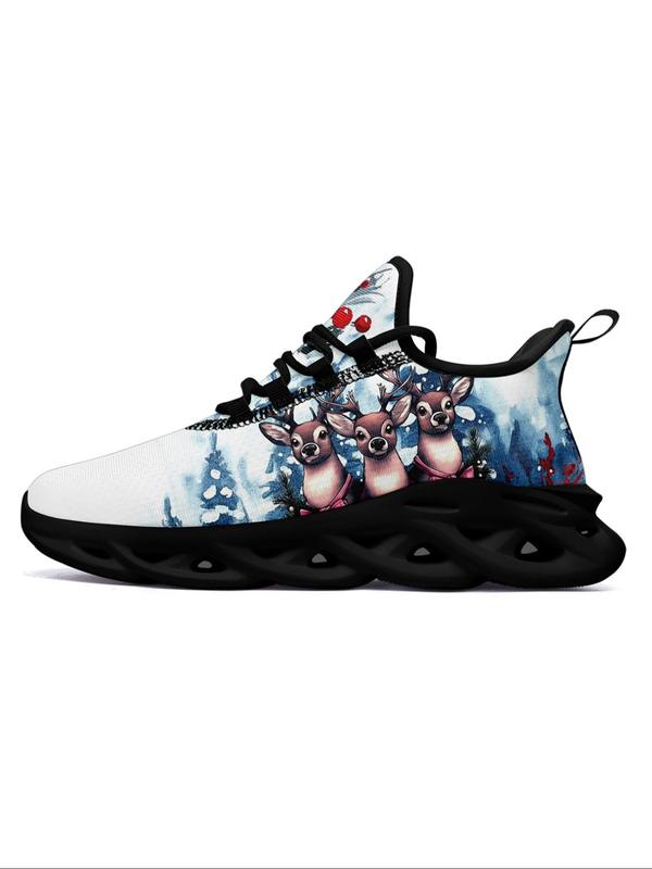 Men's Christmas Reindeer Santa Print Lace Up Low Top Sneakers, Casual Comfortable Breathable Sports Running Shoes, Male All-match Round Toe Shoes for Daily Wear