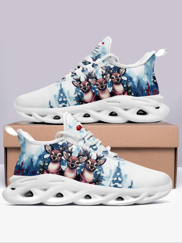 Men's Christmas Reindeer Santa Print Lace Up Low Top Sneakers, Casual Comfortable Breathable Sports Running Shoes, Male All-match Round Toe Shoes for Daily Wear