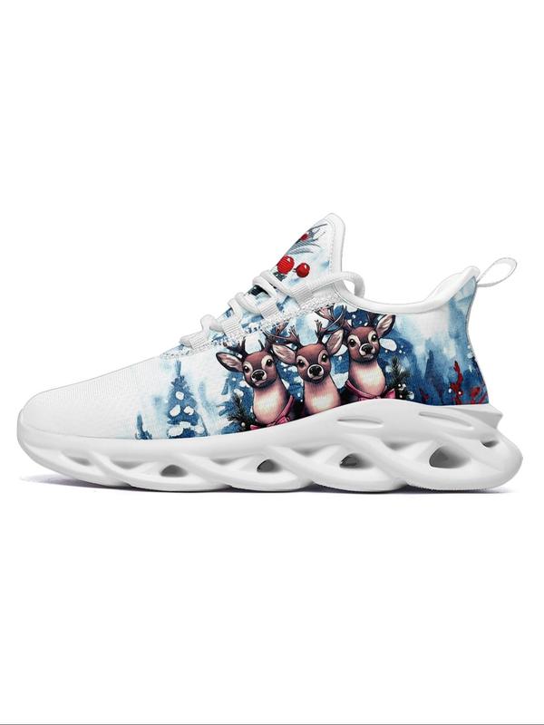 Men's Christmas Reindeer Santa Print Lace Up Low Top Sneakers, Casual Comfortable Breathable Sports Running Shoes, Male All-match Round Toe Shoes for Daily Wear