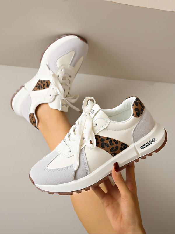 Women's Fashion Leopard Print Lace Up Low Top Sneakers, Casual Comfortable Sports Running Shoes, All-match Round Toe Chunky Sneakers for Daily Wear