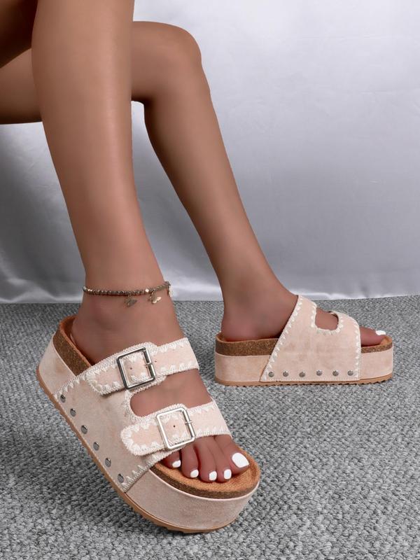 Women's Rivet Design Slip on Wedge Sandals, Boho Style Ethnic Pattern Design Designer Designer Slides, Non-slip Thick Sole Sandals for Daily Wear