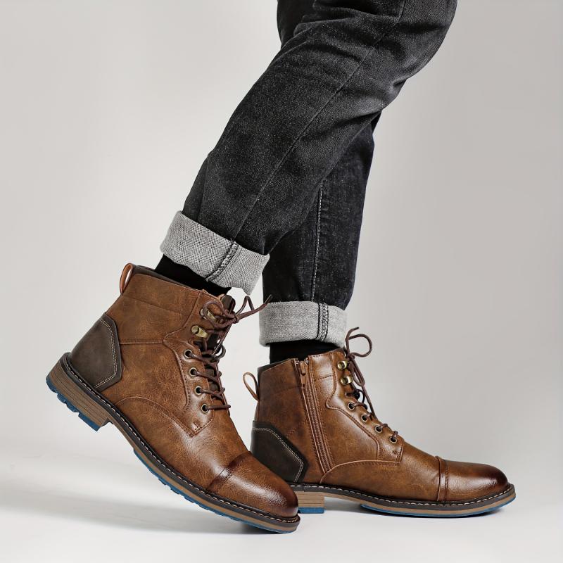 Vintage-Inspired Men's Cap Toe Lace-Up Boots - Side Zipper & Durable PU Leather Construction - Classic Footwear for Casual & Walking Occasions