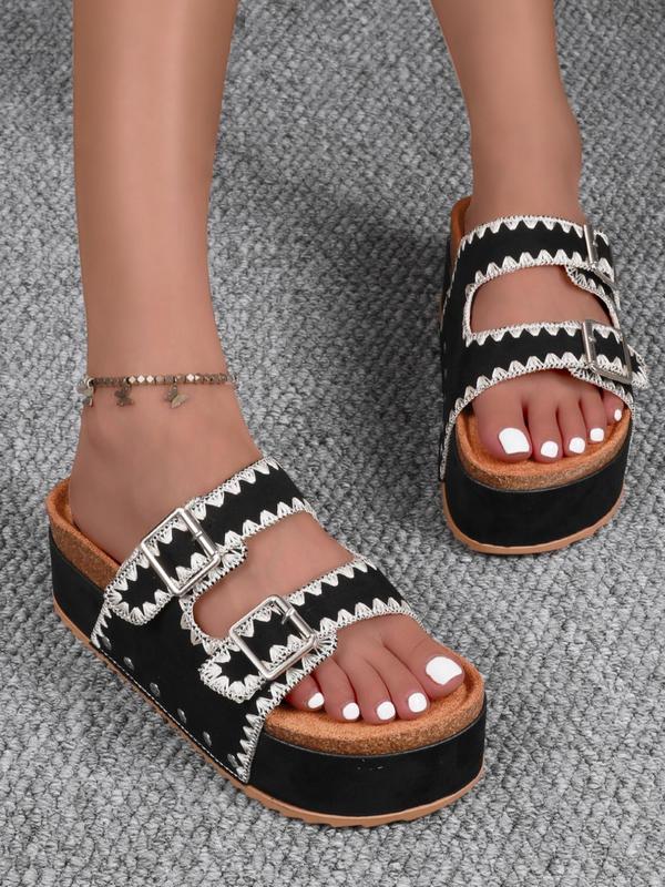 Women's Rivet Design Slip on Wedge Sandals, Boho Style Ethnic Pattern Design Designer Designer Slides, Non-slip Thick Sole Sandals for Daily Wear