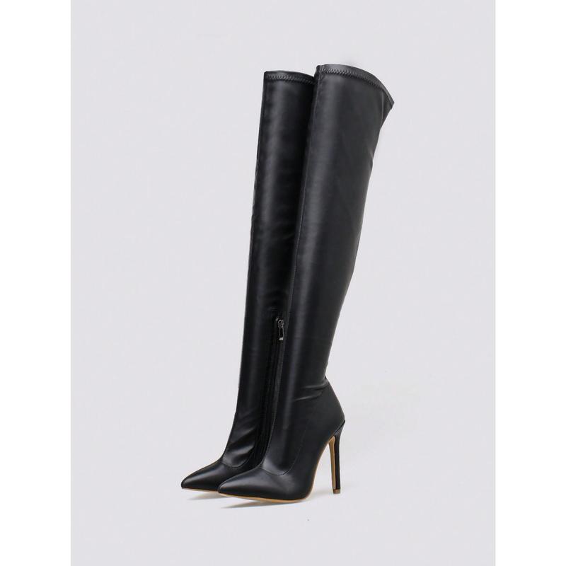 Women's Pointed Toe Stiletto Heel Knee High Boots With Side Zipper, Autumn & Winter, Black, Eel Skin Pattern, Sexy & Fashionable Classic Boots