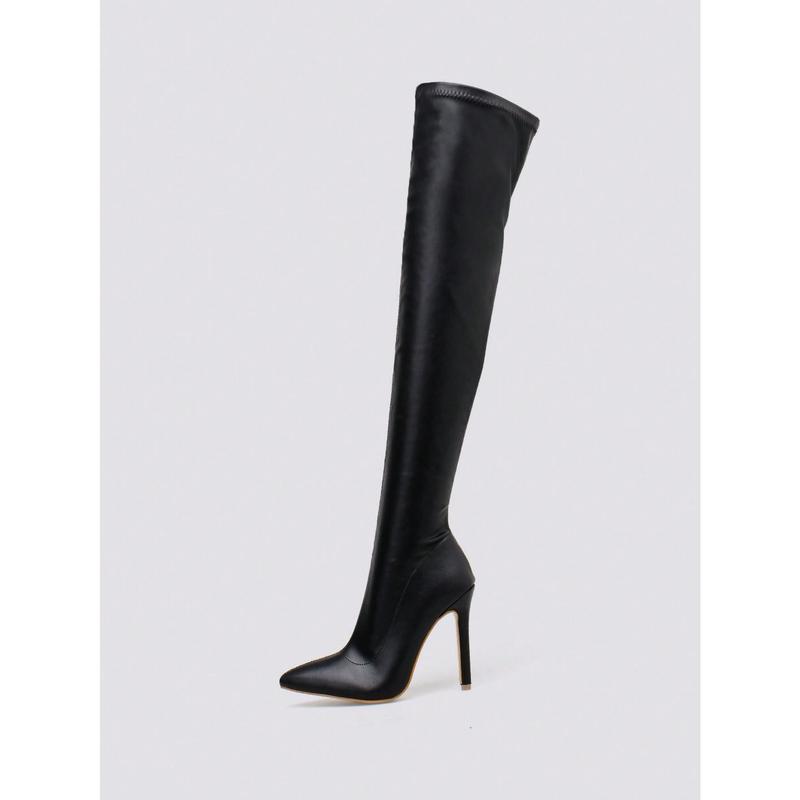 Women's Pointed Toe Stiletto Heel Knee High Boots With Side Zipper, Autumn & Winter, Black, Eel Skin Pattern, Sexy & Fashionable Classic Boots