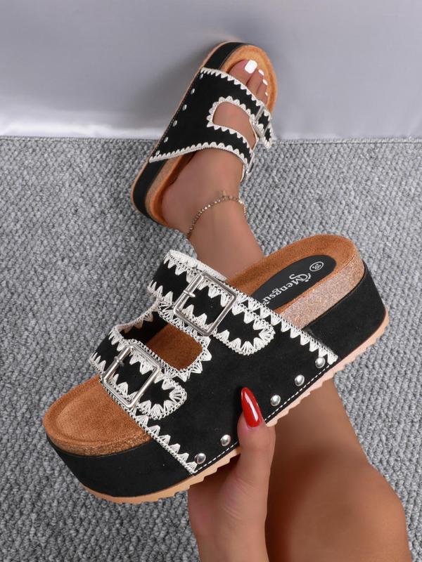 Women's Rivet Design Slip on Wedge Sandals, Boho Style Ethnic Pattern Design Designer Designer Slides, Non-slip Thick Sole Sandals for Daily Wear