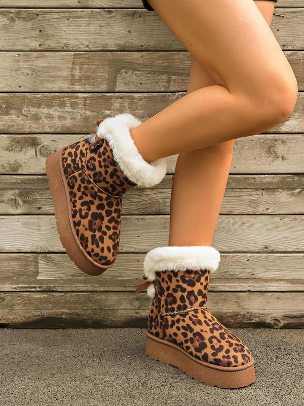 Women's Fashion Leopard Print Bowknot Decorated Ankle Boots, Casual Comfortable Warm Snow Boots for Winter, Fluffy Lined Boots for Indoor & Outdoor