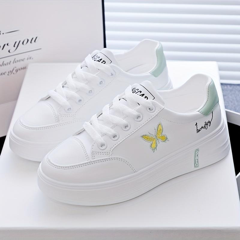 Stylish Butterfly Print Low-Top Comfort Sneakers - Fashion Sneakers with Lace Up Platform, Soft Sole, and Breathable Design for Casual Walking and Skating - White Color, Perfect for Everyday Wear