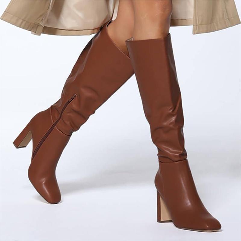 Women's Chunky Heeled Knee High Boots Classic Leather Square Toe Zippered Tall Boot