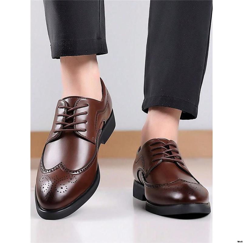 Color gift business shoes, brown hollow block pointed toe wedding casual leather embossed new men's fashion