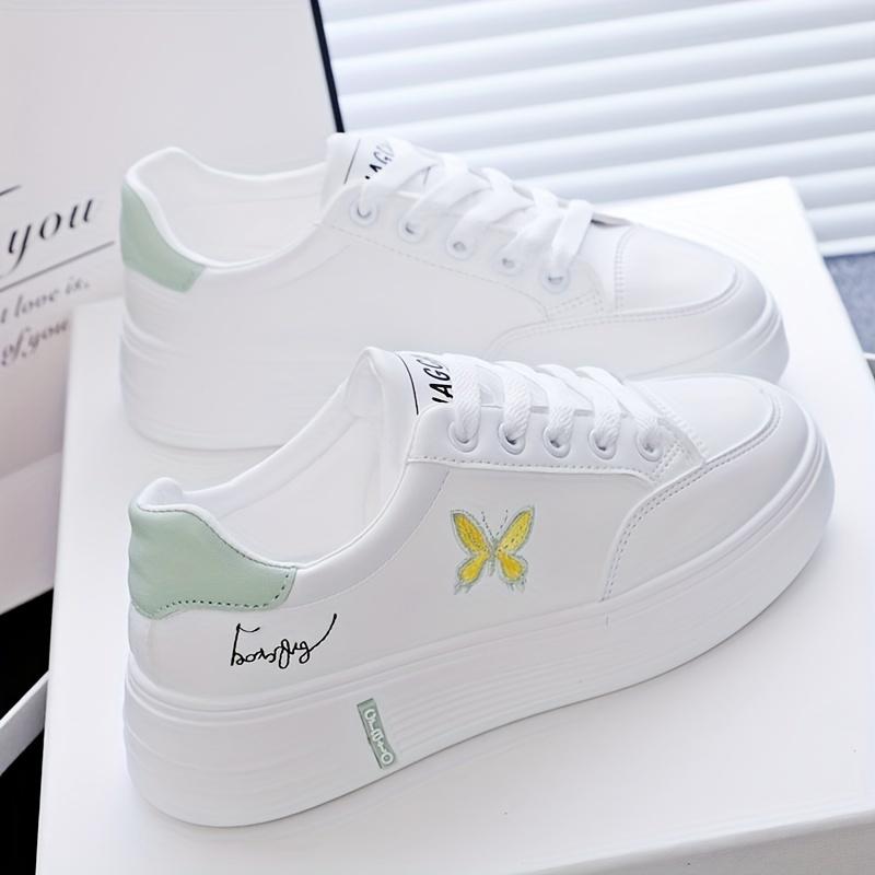 Stylish Butterfly Print Low-Top Comfort Sneakers - Fashion Sneakers with Lace Up Platform, Soft Sole, and Breathable Design for Casual Walking and Skating - White Color, Perfect for Everyday Wear