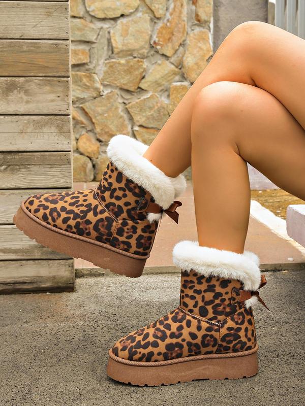 Women's Fashion Leopard Print Bowknot Decorated Ankle Boots, Casual Comfortable Warm Snow Boots for Winter, Fluffy Lined Boots for Indoor & Outdoor