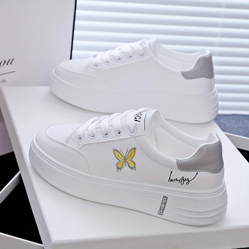 Stylish Butterfly Print Low-Top Comfort Sneakers - Fashion Sneakers with Lace Up Platform, Soft Sole, and Breathable Design for Casual Walking and Skating - White Color, Perfect for Everyday Wear