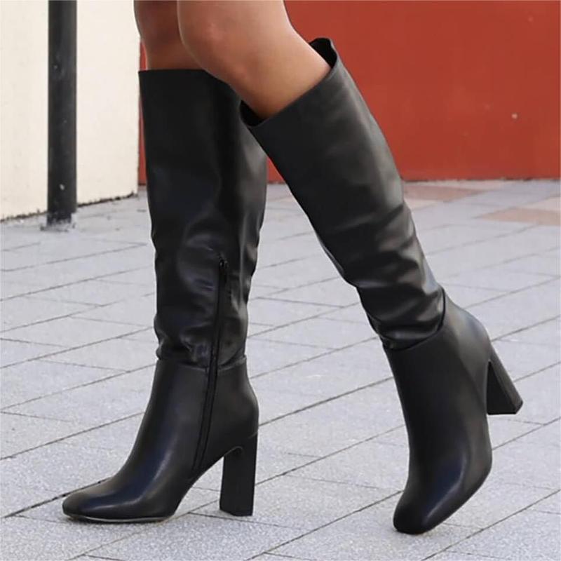 Women's Chunky Heeled Knee High Boots Classic Leather Square Toe Zippered Tall Boot