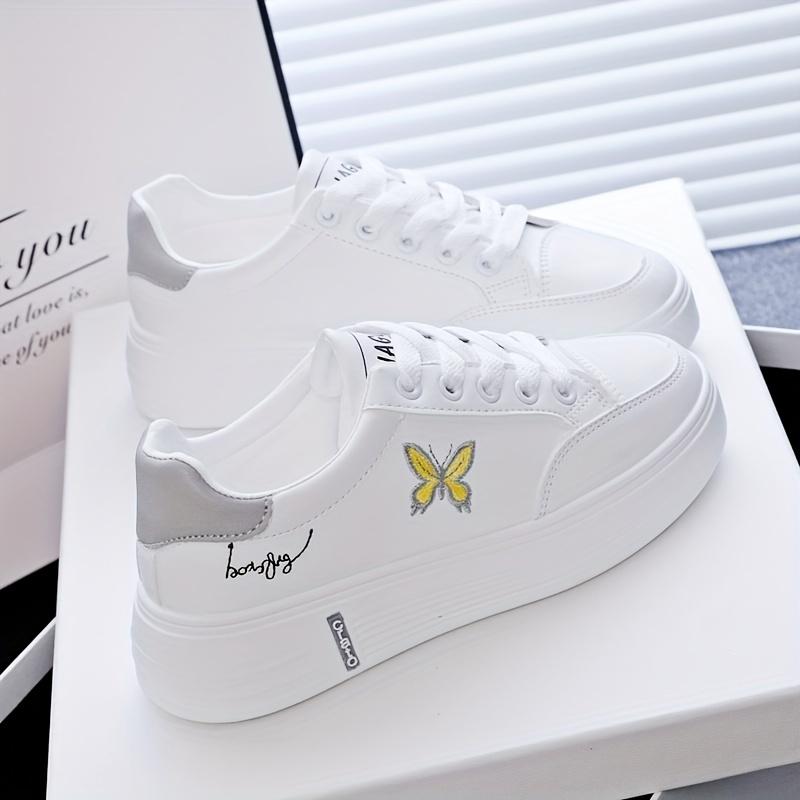 Stylish Butterfly Print Low-Top Comfort Sneakers - Fashion Sneakers with Lace Up Platform, Soft Sole, and Breathable Design for Casual Walking and Skating - White Color, Perfect for Everyday Wear