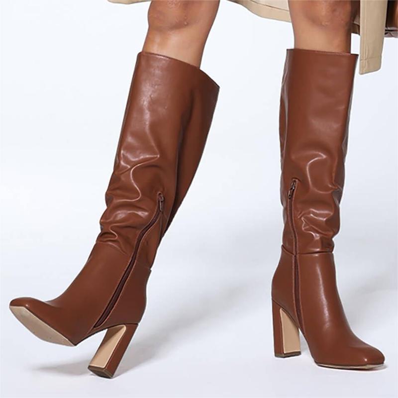 Women's Chunky Heeled Knee High Boots Classic Leather Square Toe Zippered Tall Boot