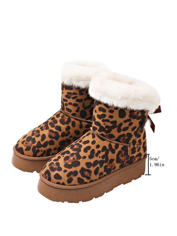 Women's Fashion Leopard Print Bowknot Decorated Ankle Boots, Casual Comfortable Warm Snow Boots for Winter, Fluffy Lined Boots for Indoor & Outdoor