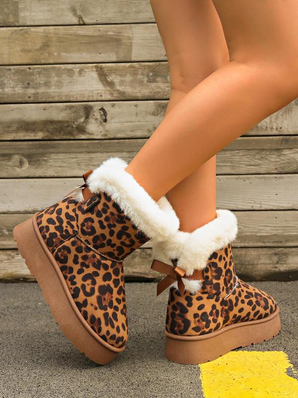 Women's Fashion Leopard Print Bowknot Decorated Ankle Boots, Casual Comfortable Warm Snow Boots for Winter, Fluffy Lined Boots for Indoor & Outdoor