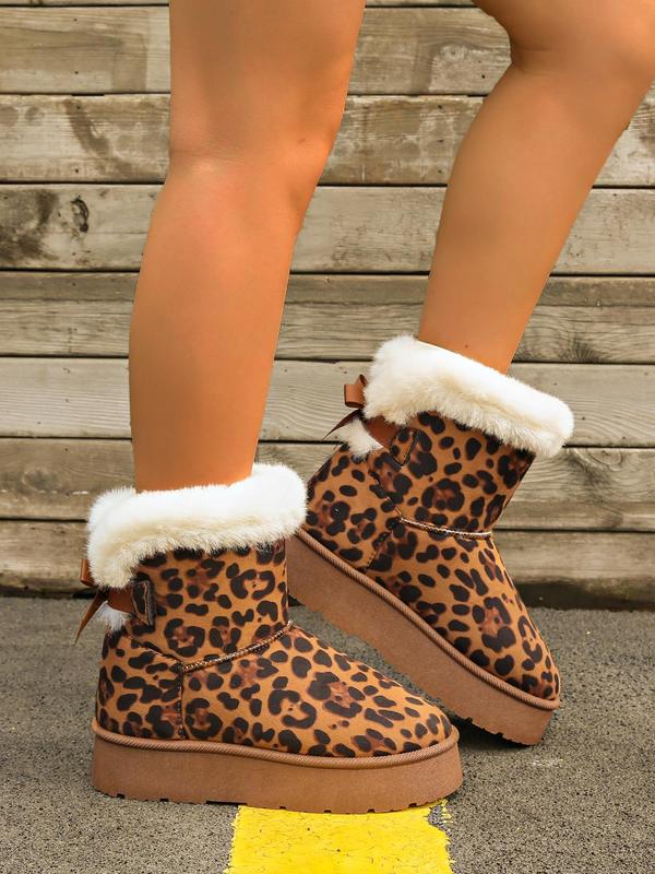 Women's Fashion Leopard Print Bowknot Decorated Ankle Boots, Casual Comfortable Warm Snow Boots for Winter, Fluffy Lined Boots for Indoor & Outdoor