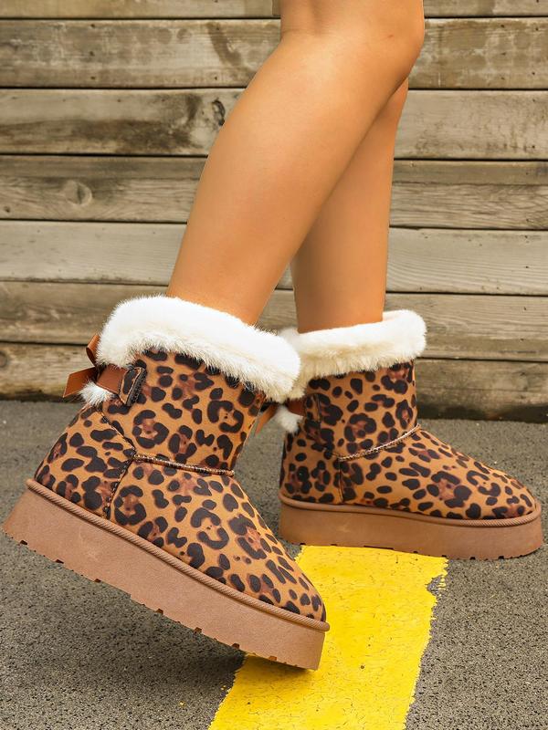 Women's Fashion Leopard Print Bowknot Decorated Ankle Boots, Casual Comfortable Warm Snow Boots for Winter, Fluffy Lined Boots for Indoor & Outdoor