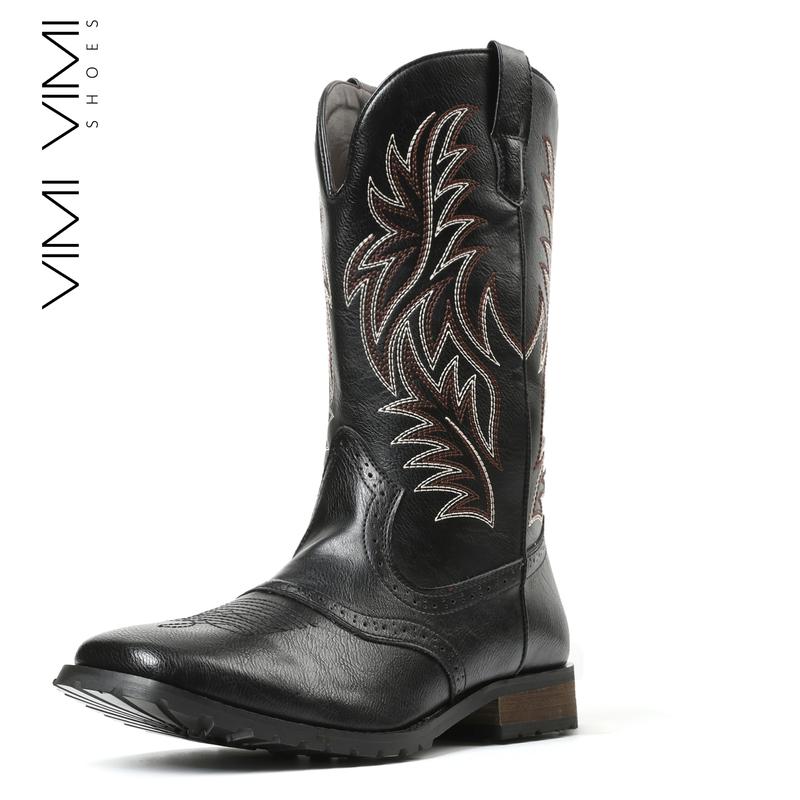 VIMI VIMI Cowboy Boots for Mens Square Toe Embroidery Fashionable Mid Calf Boot Western Riding Shoes Booties