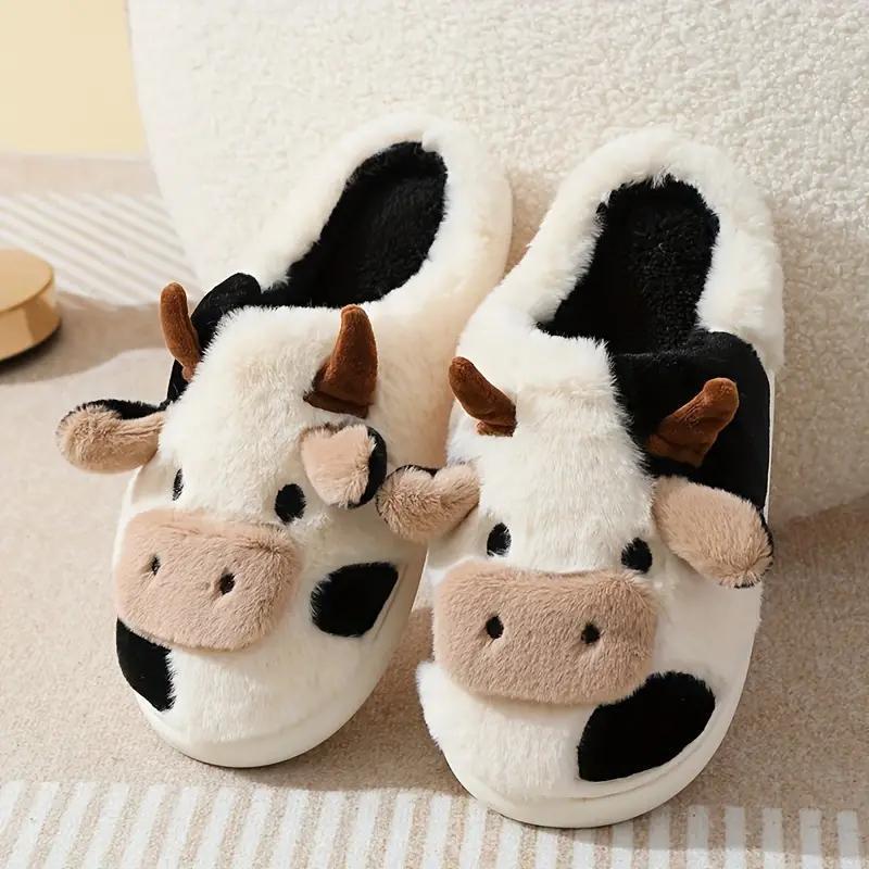 Slippers for Women,comfortable and warm closed toe non slip shoes, cute cartoon milk cow plush cotton slippers for indoor bedrooms in winter