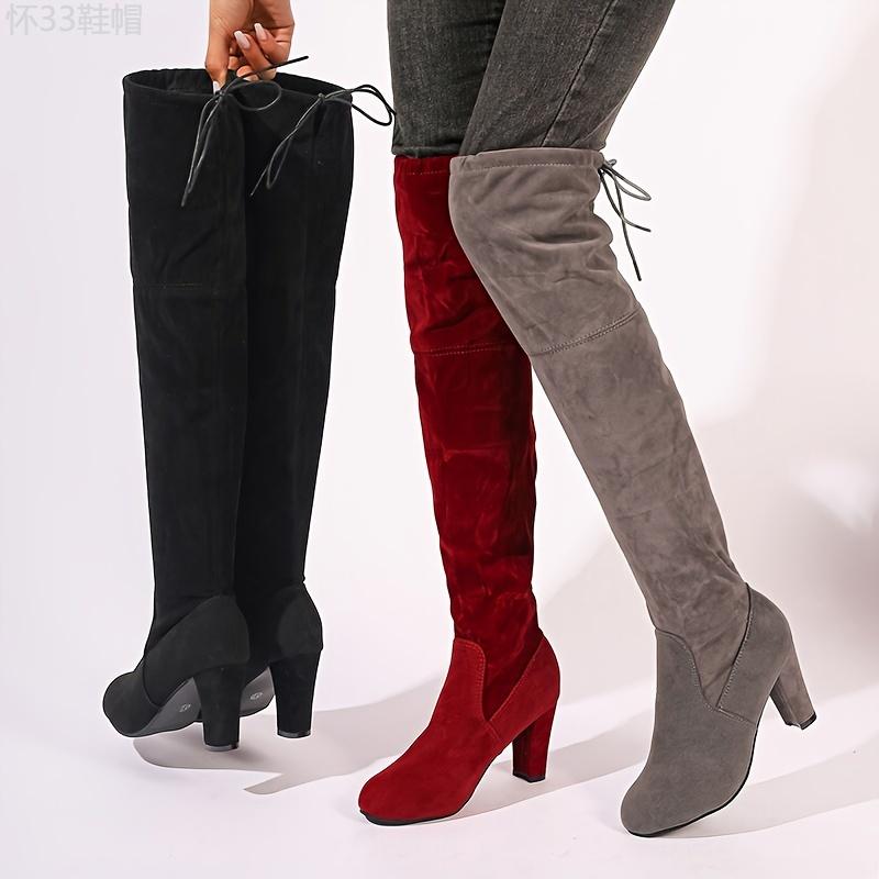 High Block Heel Over-the-Knee Boots for Women - Lace-Up, Versatile Solid Color, Comfort Round Toe