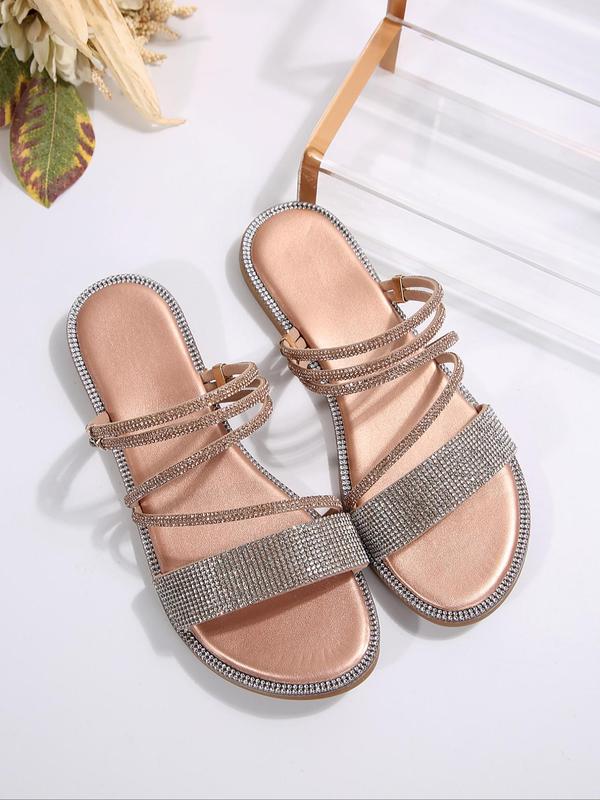 Women's Fashionable Rhinestone Decorated Slide Sandals, Casual Comfortable Flat Sandals for Summer, Lightweight Breathable Shoes for Daily Wear