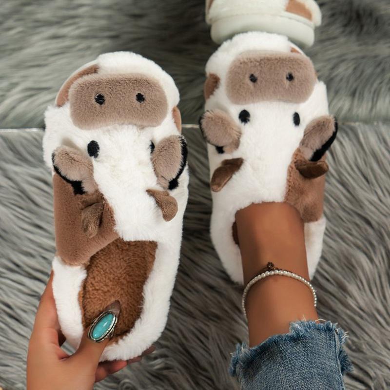 Slippers for Women,comfortable and warm closed toe non slip shoes, cute cartoon milk cow plush cotton slippers for indoor bedrooms in winter