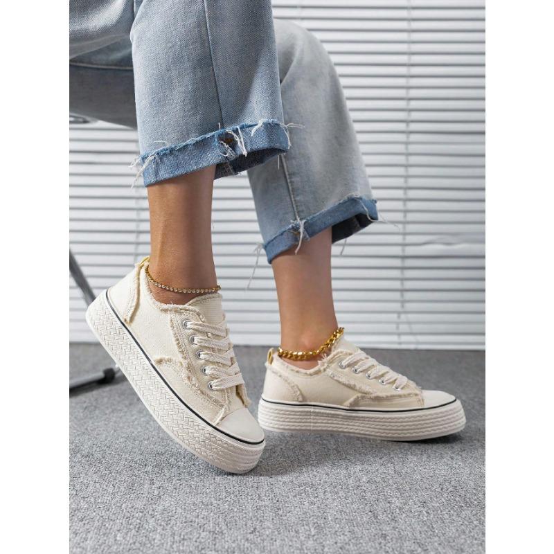 Women's Fashion All-Match Spring, Summer And Autumn Outdoor White Lightweight Lace-Up Round-Toe Canvas Flat-Soled Non-Slip Comfortable Casual Shoes Sports Running Shoes 35-41 Size Walking Shoes FootwearTrainer Trainer Runner Training Closed Athletic Beige