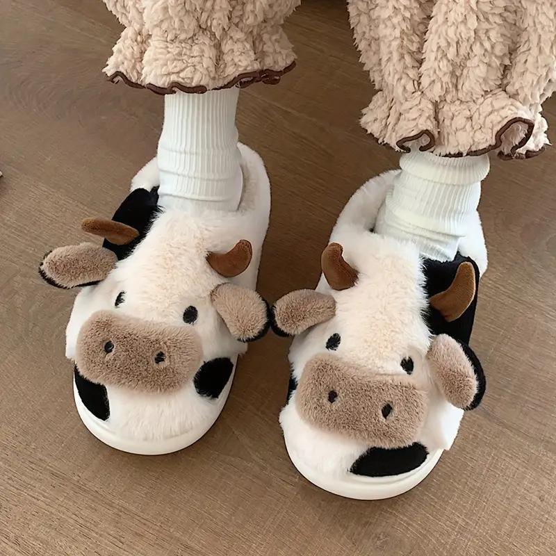 Slippers for Women,comfortable and warm closed toe non slip shoes, cute cartoon milk cow plush cotton slippers for indoor bedrooms in winter