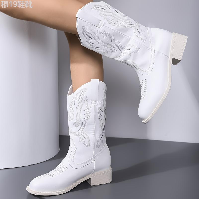 Women's Square Toe Western Boots, Retro Embroidery V-cut Pull On Cowboy Boots, Chunky Heeled Knee High Boots Girl Walking Shoes