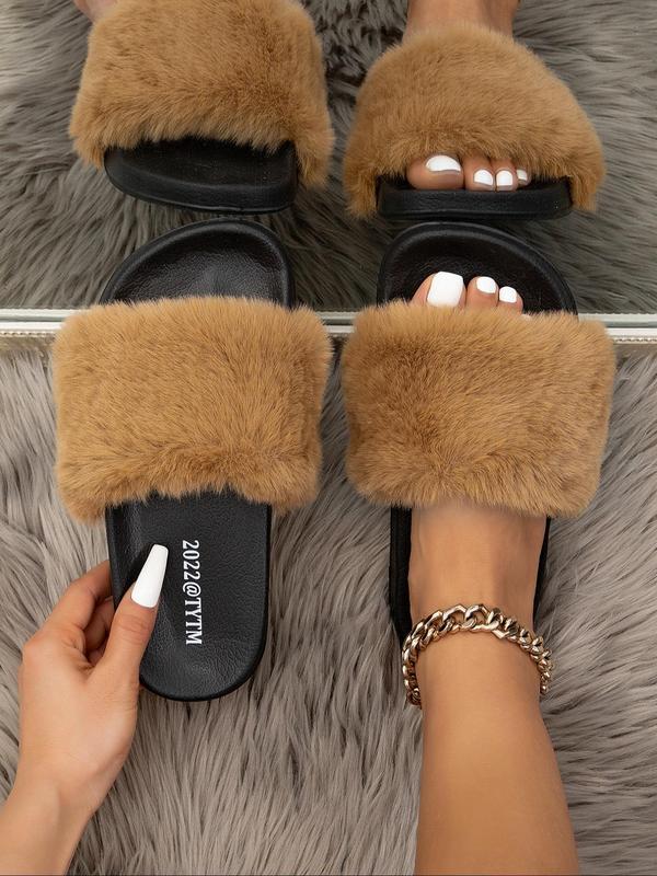 Women's Contrast Faux Fur Sports Slides, Casual Soft Comfortable Sports Slippers, Breathable Sports Slippers for Indoor Outdoor Wear