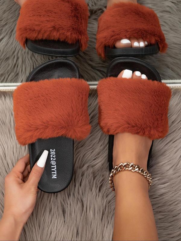 Women's Contrast Faux Fur Sports Slides, Casual Soft Comfortable Sports Slippers, Breathable Sports Slippers for Indoor Outdoor Wear