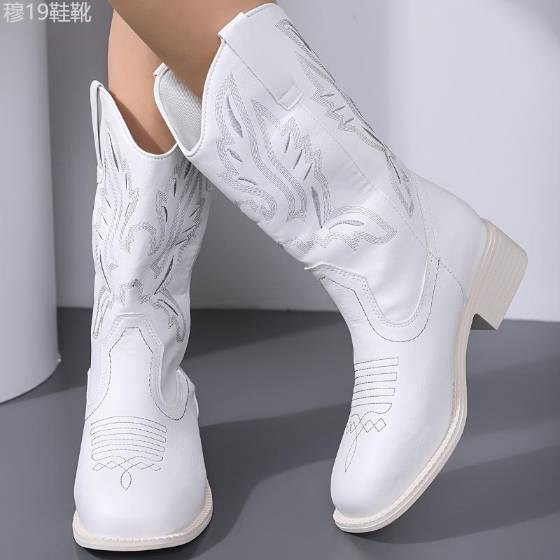 Women's Square Toe Western Boots, Retro Embroidery V-cut Pull On Cowboy Boots, Chunky Heeled Knee High Boots Girl Walking Shoes