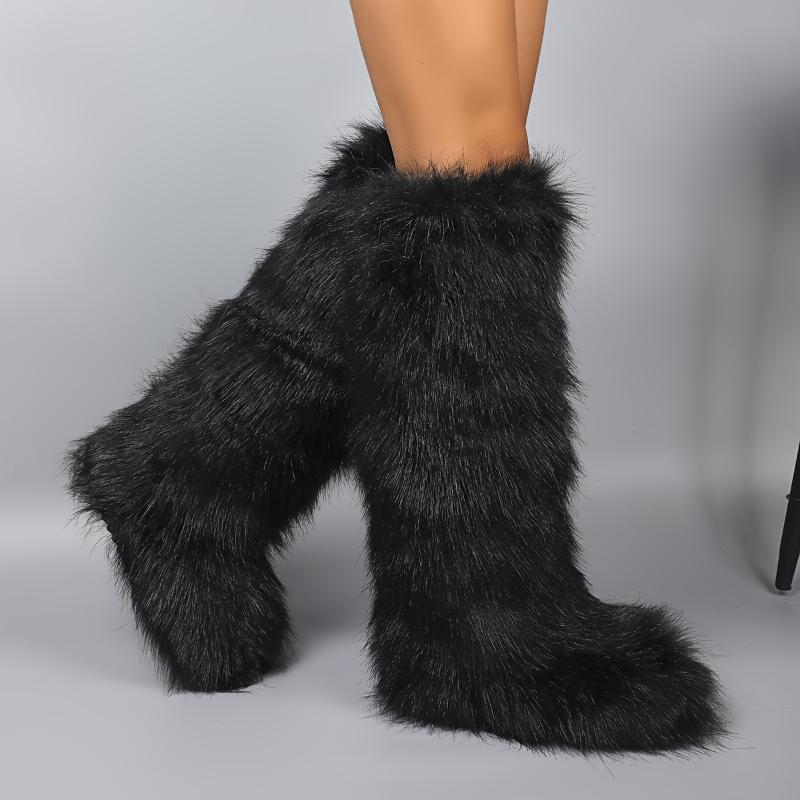 Women's Fluffy Faux Fur Boots, Pull On Platform Soft Sole High Knee Winter Boots, Round Toe Non-slip Warm Snow Boots