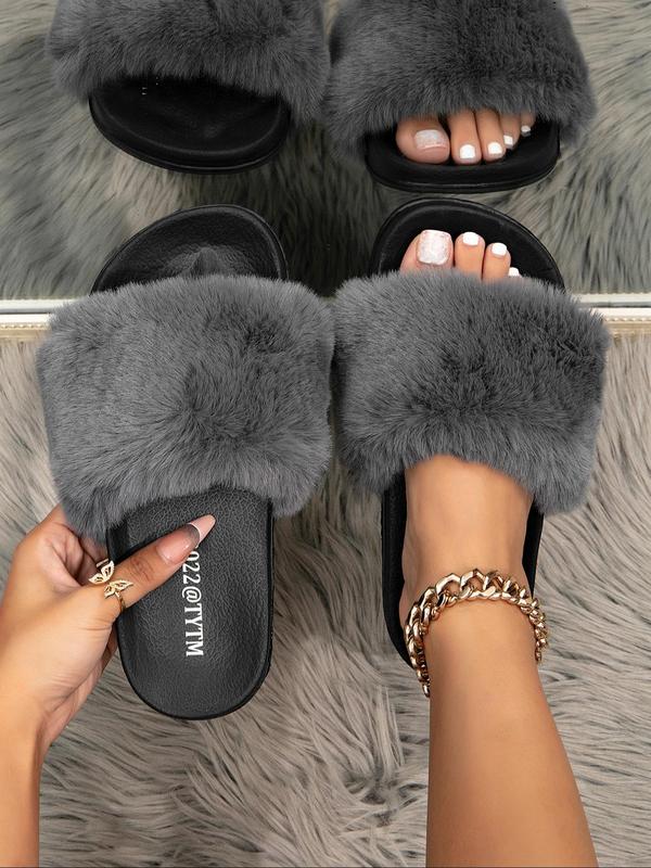 Women's Contrast Faux Fur Sports Slides, Casual Soft Comfortable Sports Slippers, Breathable Sports Slippers for Indoor Outdoor Wear