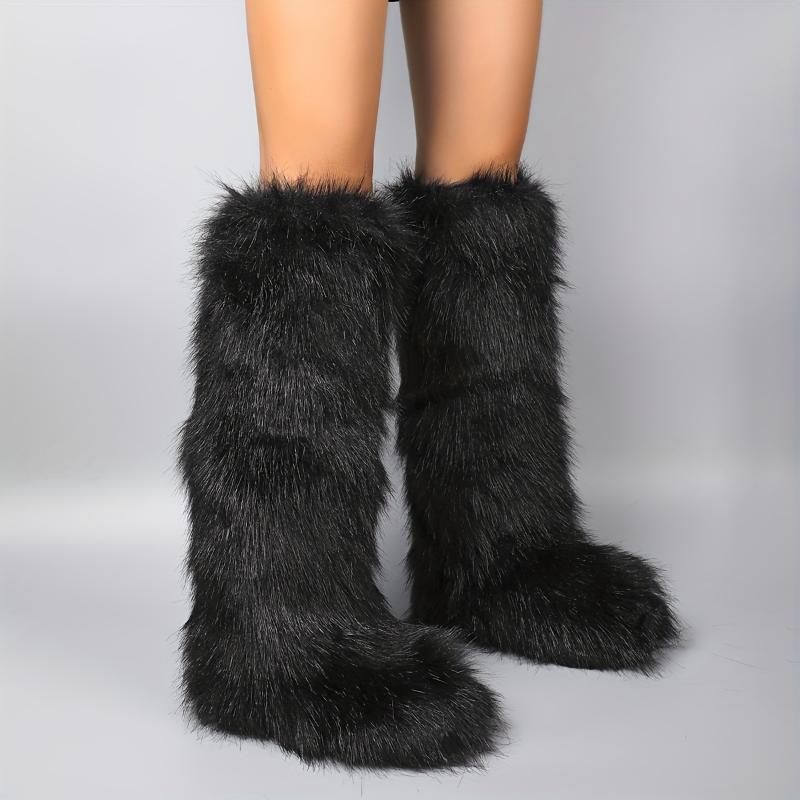 Women's Fluffy Faux Fur Boots, Pull On Platform Soft Sole High Knee Winter Boots, Round Toe Non-slip Warm Snow Boots