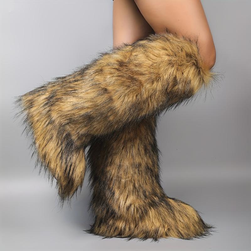 Women's Fluffy Faux Fur Boots, Pull On Platform Soft Sole High Knee Winter Boots, Round Toe Non-slip Warm Snow Boots