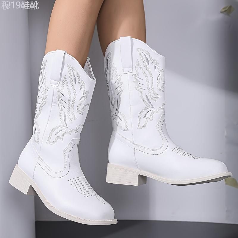 Women's Square Toe Western Boots, Retro Embroidery V-cut Pull On Cowboy Boots, Chunky Heeled Knee High Boots Girl Walking Shoes