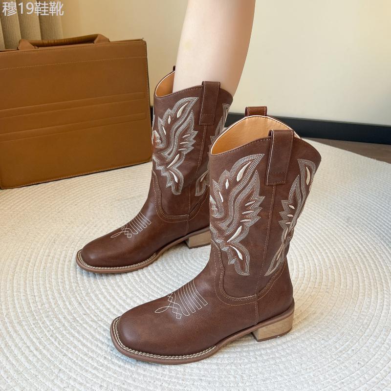 Women's Square Toe Western Boots, Retro Embroidery V-cut Pull On Cowboy Boots, Chunky Heeled Knee High Boots Girl Walking Shoes